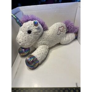 Goffa Unicorn Stuffed Animal 24" Long White w Rainbow Feet Silver Hearts Overall